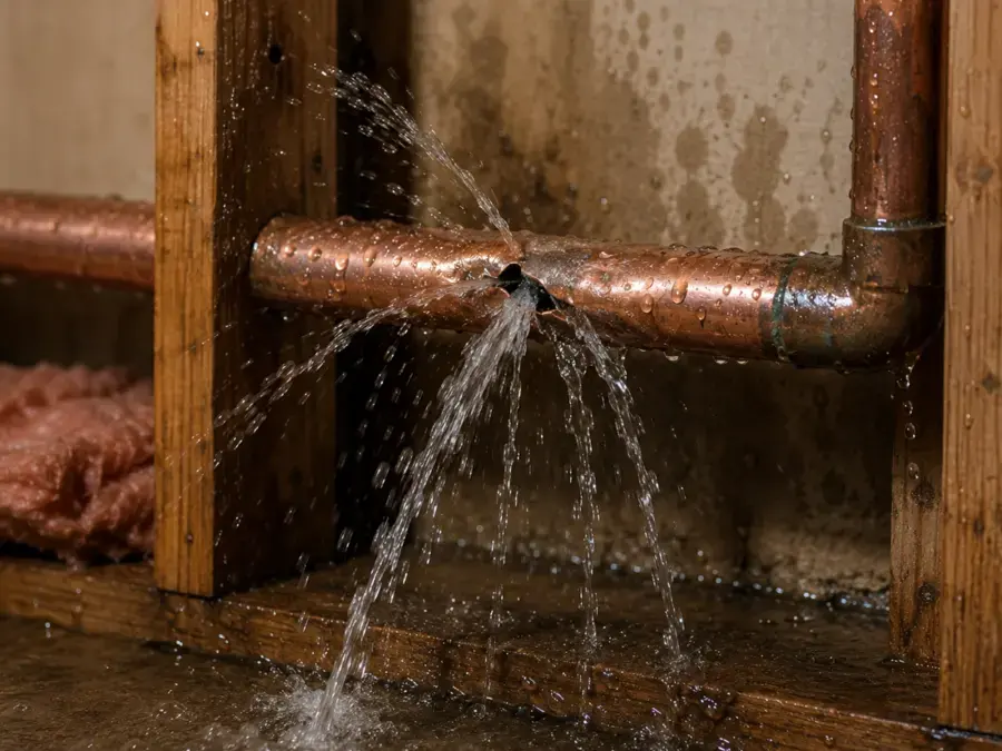 Water spraying from a burst pipe inside a Fullerton home