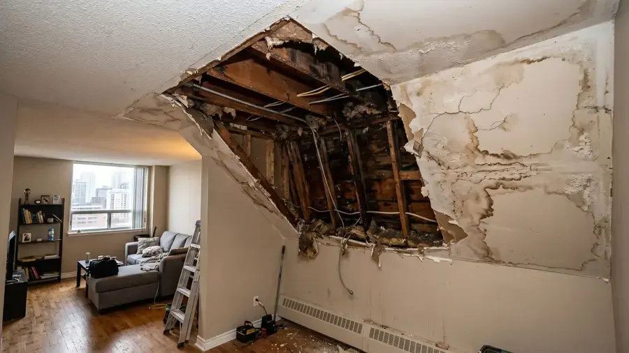 Water-stained ceiling drywall sagging from a leak in Fullerton