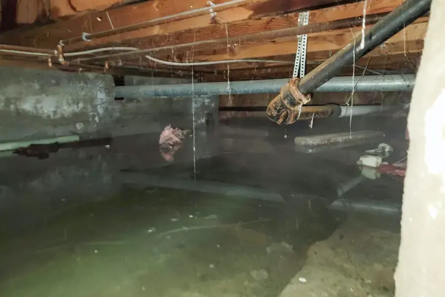 Standing water in the crawlspace under a raised-foundation Fullerton house