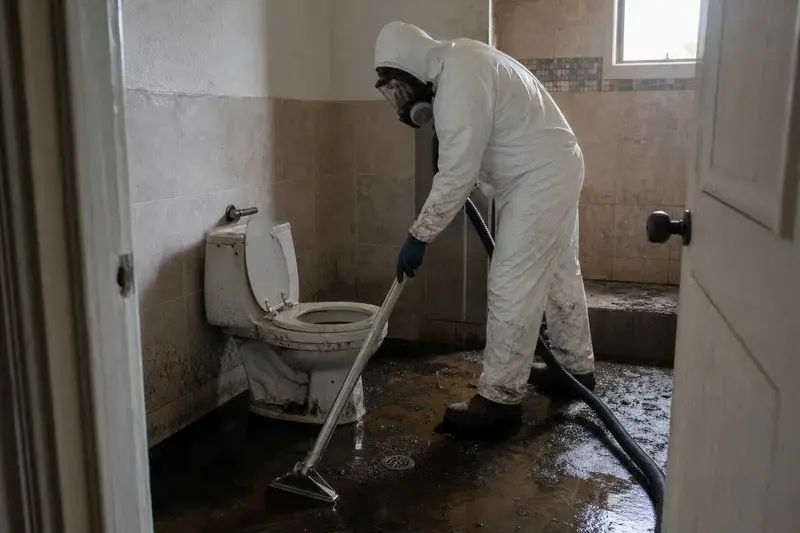 Crew in protective suits cleaning a sewage backup in Fullerton
