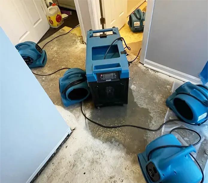 Air movers and a dehumidifier drying a Fullerton room to the S500 goal